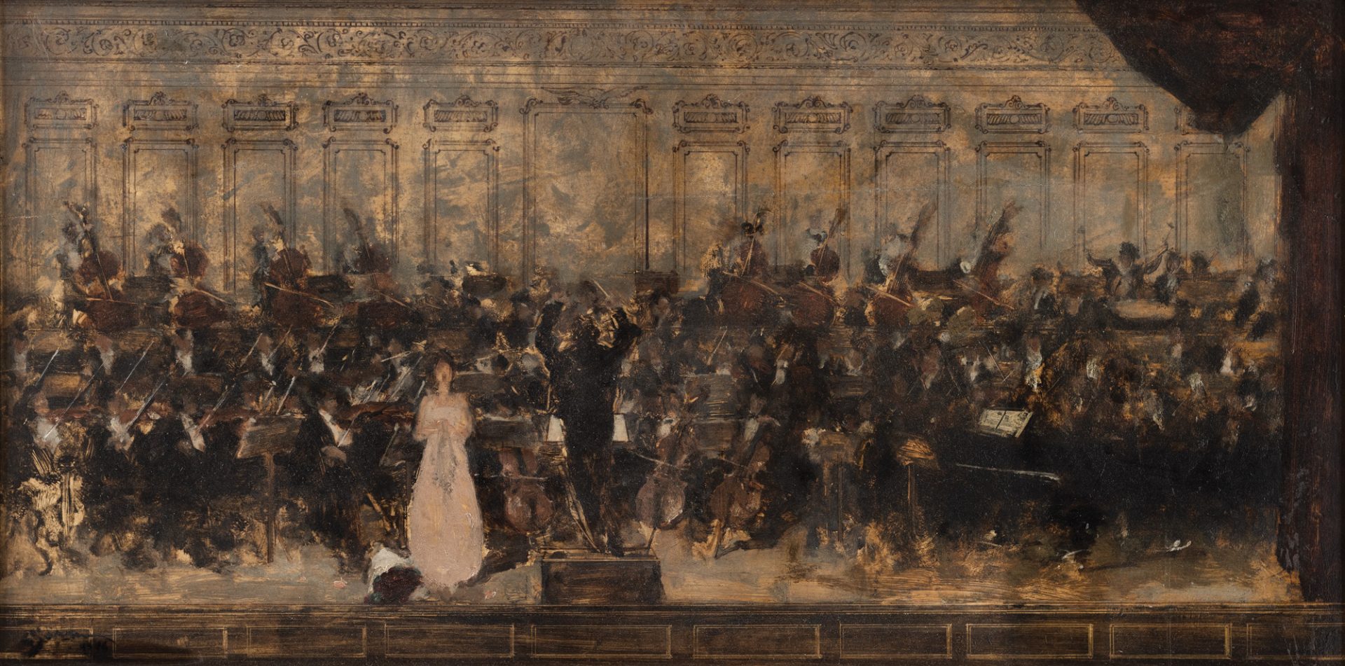 Eustatiu Stoenescu Concert la Ateneu dirijat de George Enescu ulei pe lemn 495 x 955 cm 1946 colectie privata